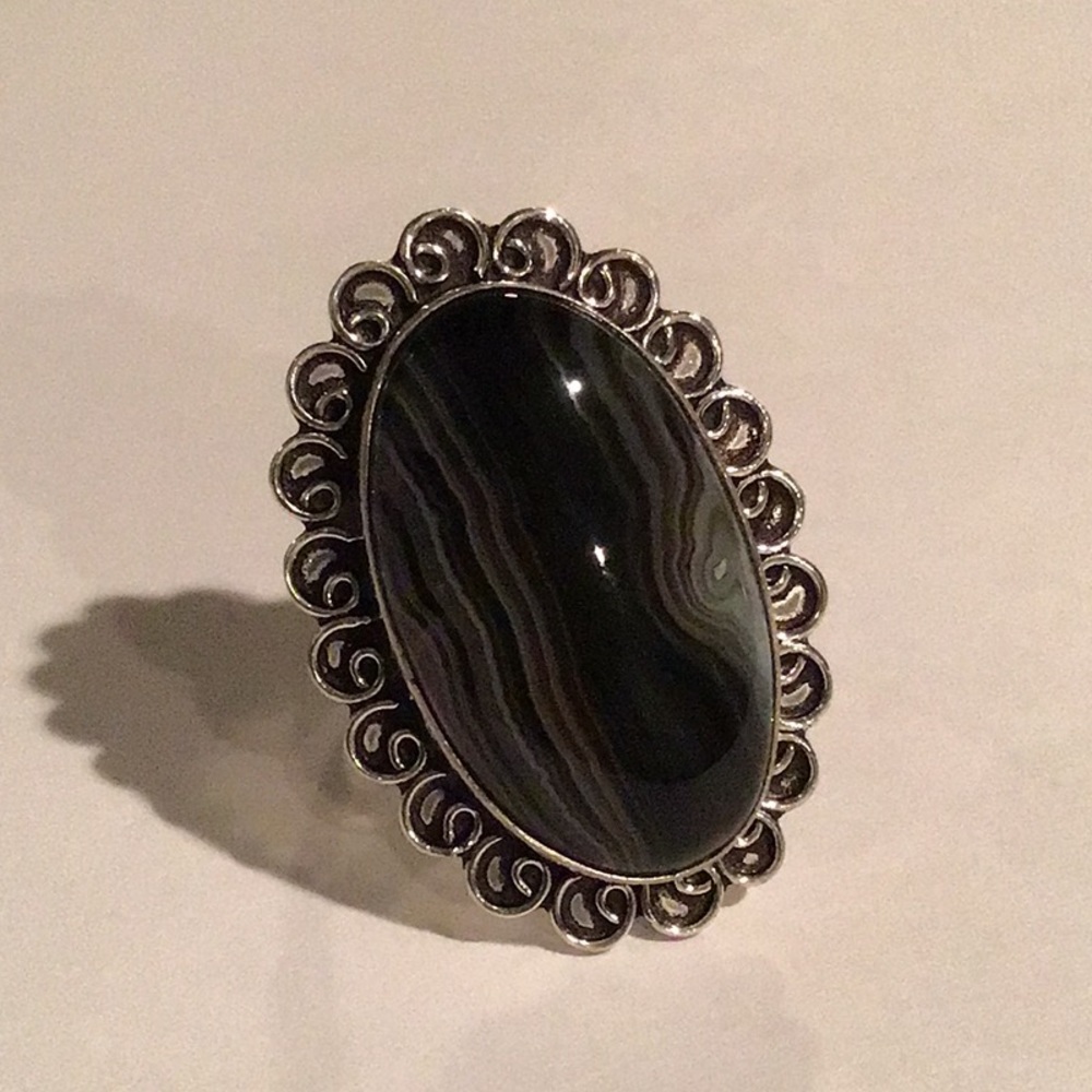 ADJUSTABLE GERMAN SILVER AGATE RING - NWT
